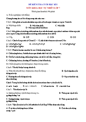 Đề kiểm tra cuối học kì 1 Khoa học tự nhiên Lớp 7 - Năm học 2022-2023 (Có đáp án)